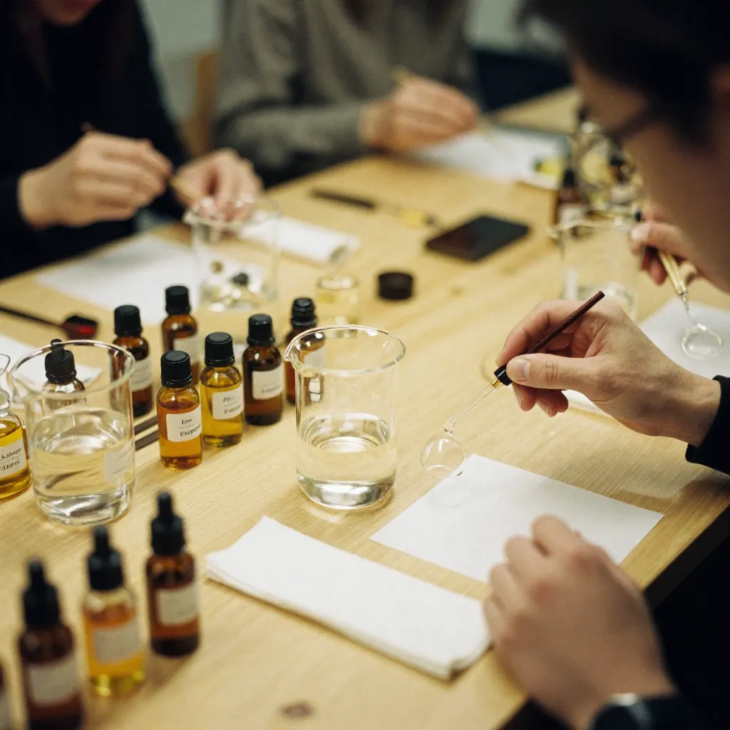 Perfume blending workshop with scientific equipment